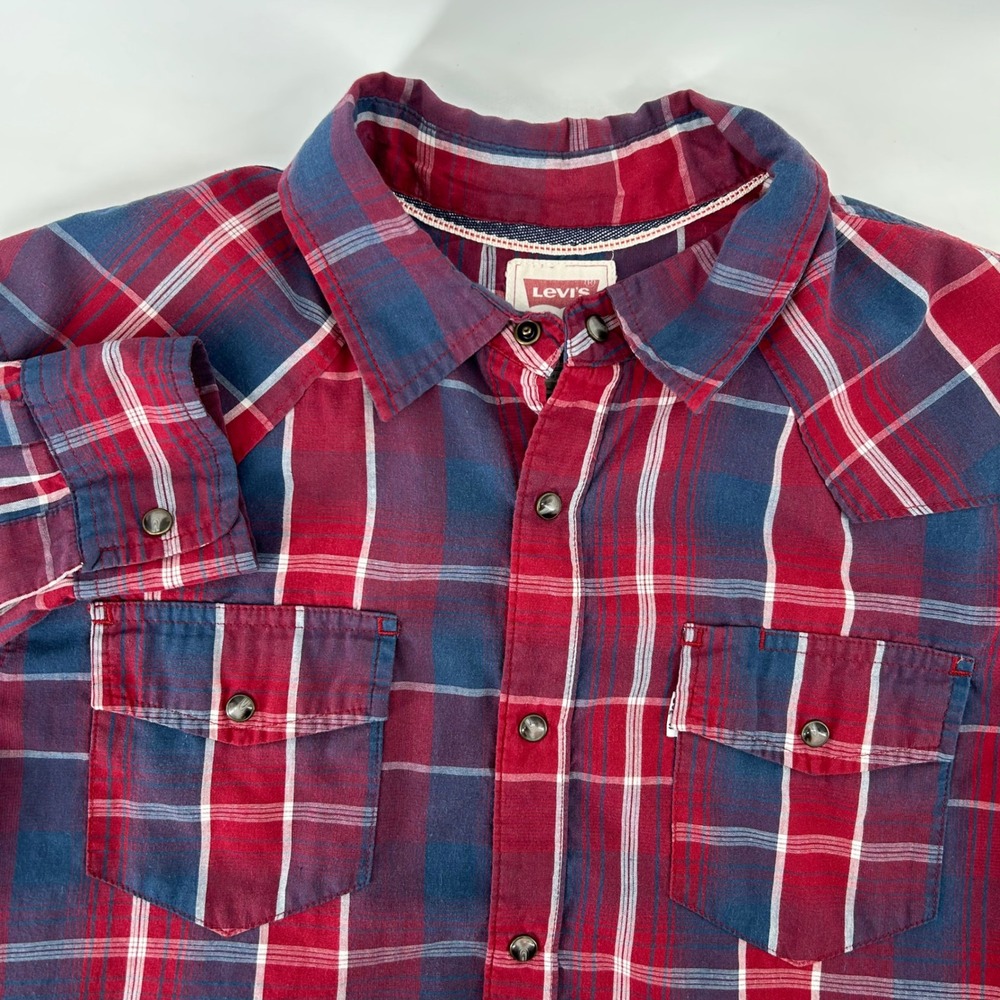 Levi's Western Pearl Snap Shirt Mens Medium Red Blue Plaid Long Sleeve 3LYLW0042